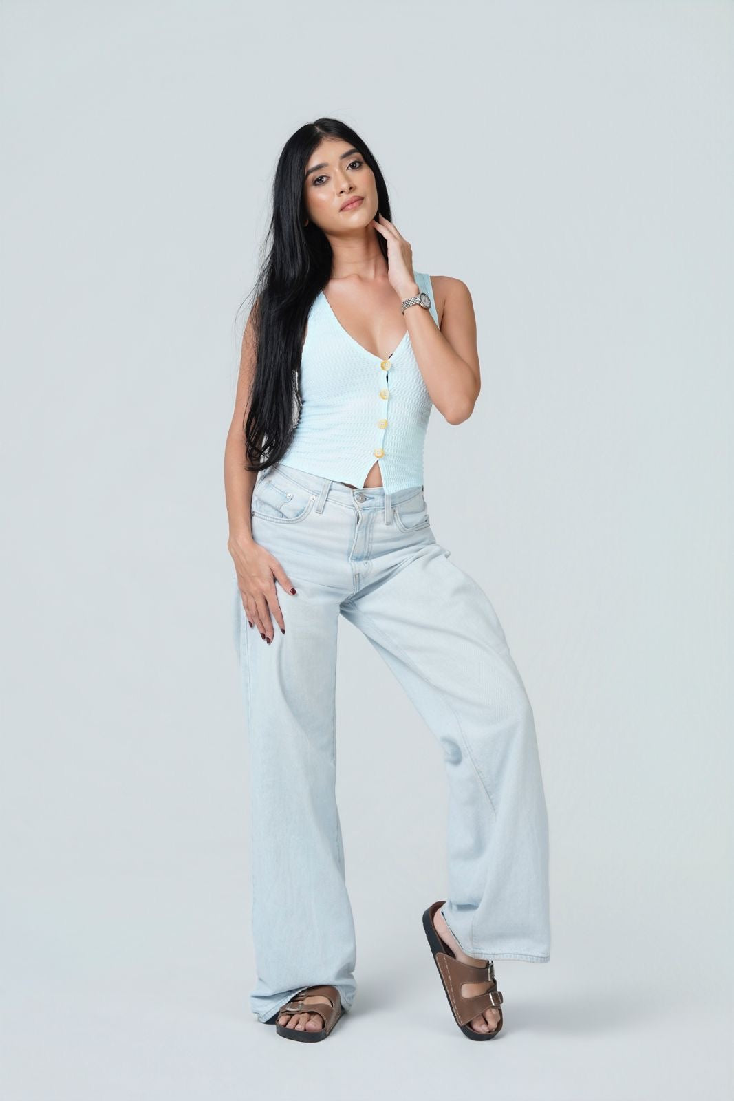 V-Neck Textured Button-Front Tank