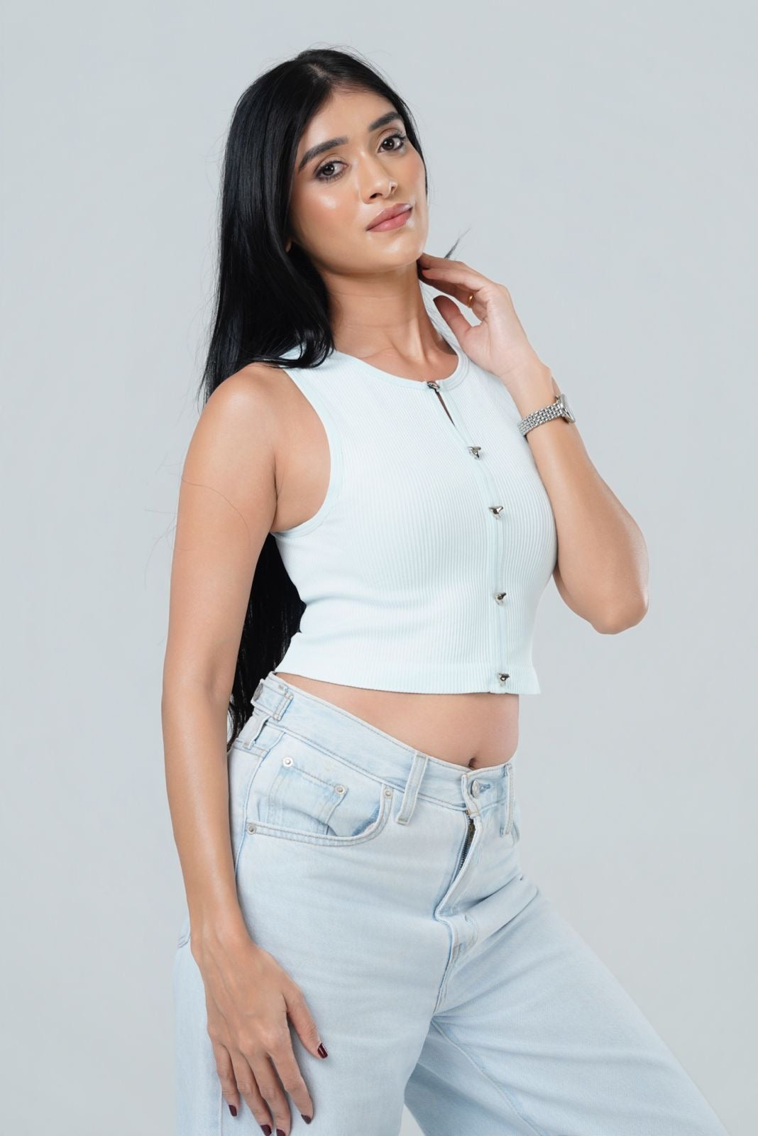 Metallic Clasp Ribbed Top