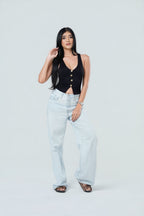 V-Neck Textured Button-Front Tank
