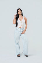 V-Neck Textured Button-Front Tank