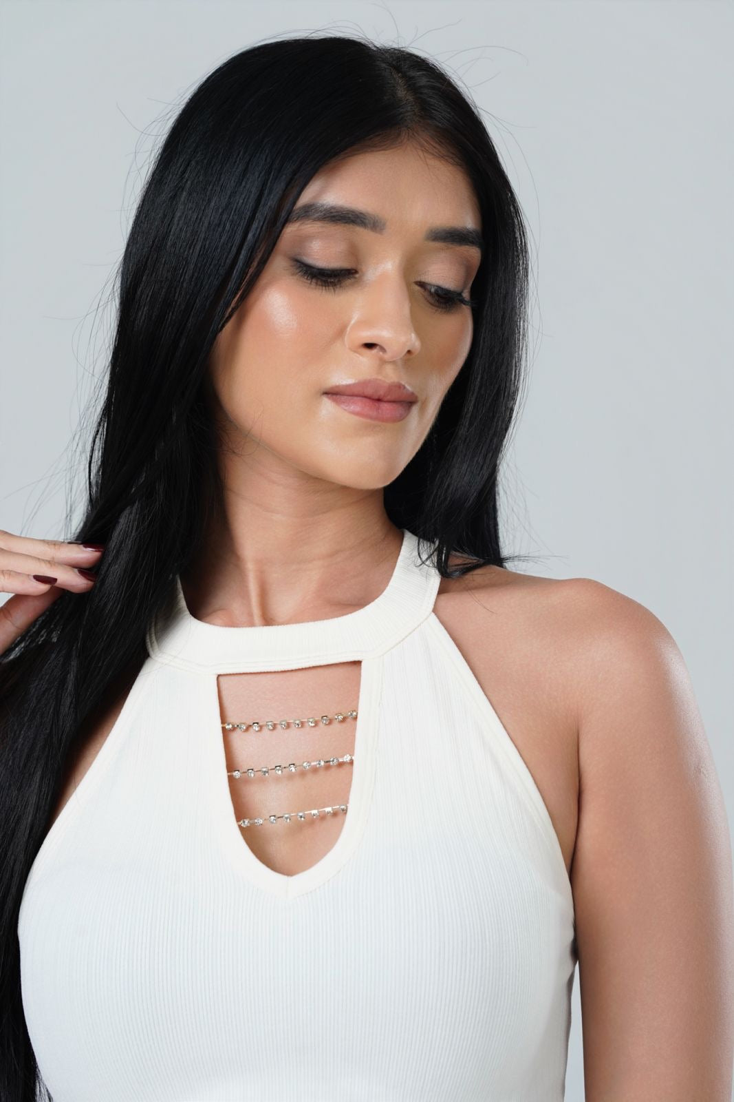 Rhinestone Chain Halter Crop Top