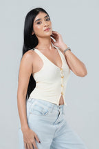V-Neck Textured Button-Front Tank