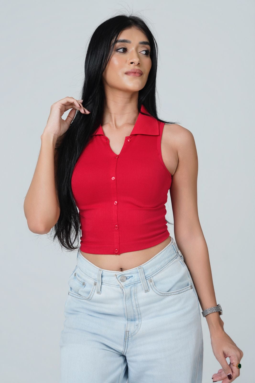 Ribbed Collared Button Down Tank