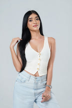 V-Neck Textured Button-Front Tank