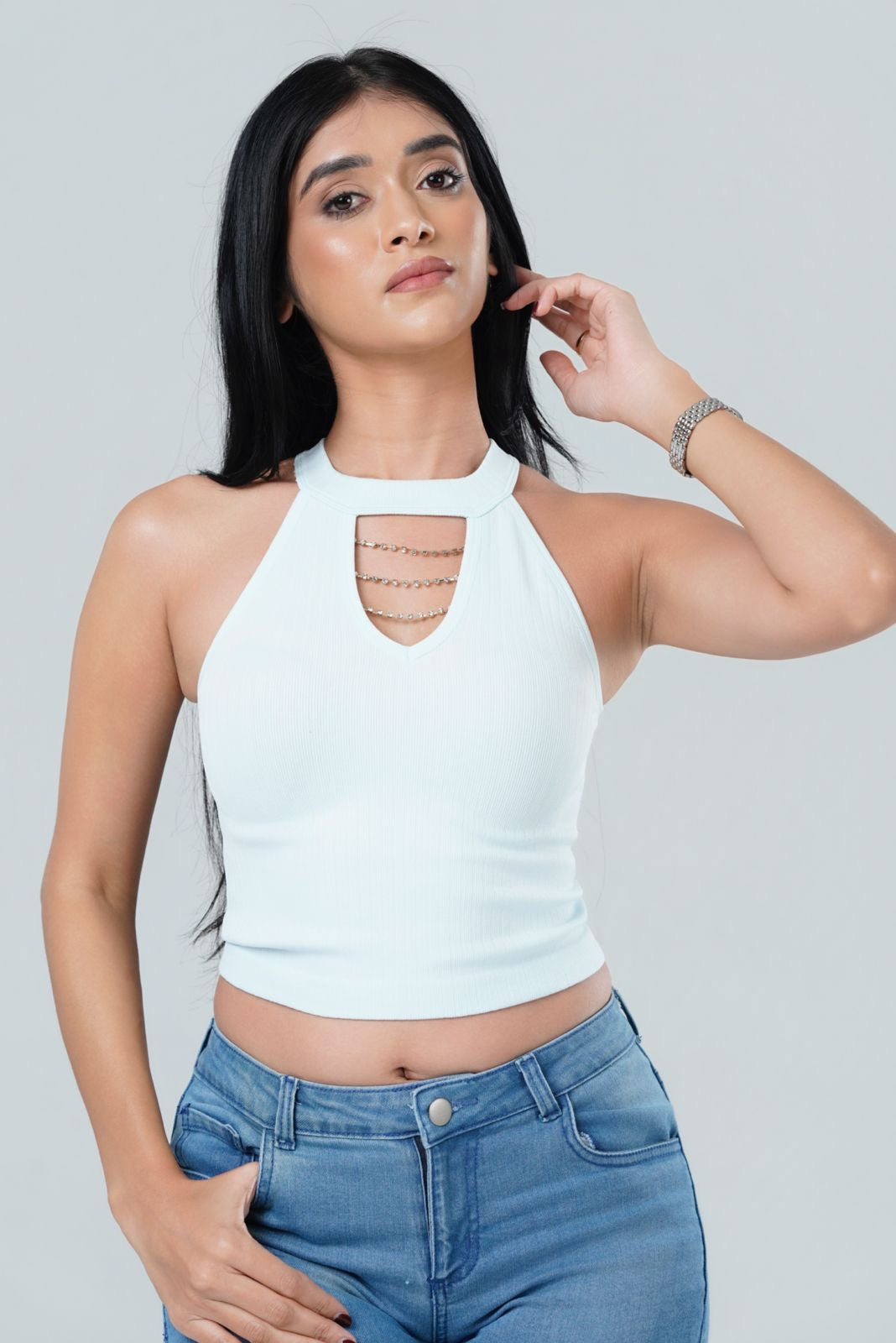 Rhinestone Chain Halter Crop Top