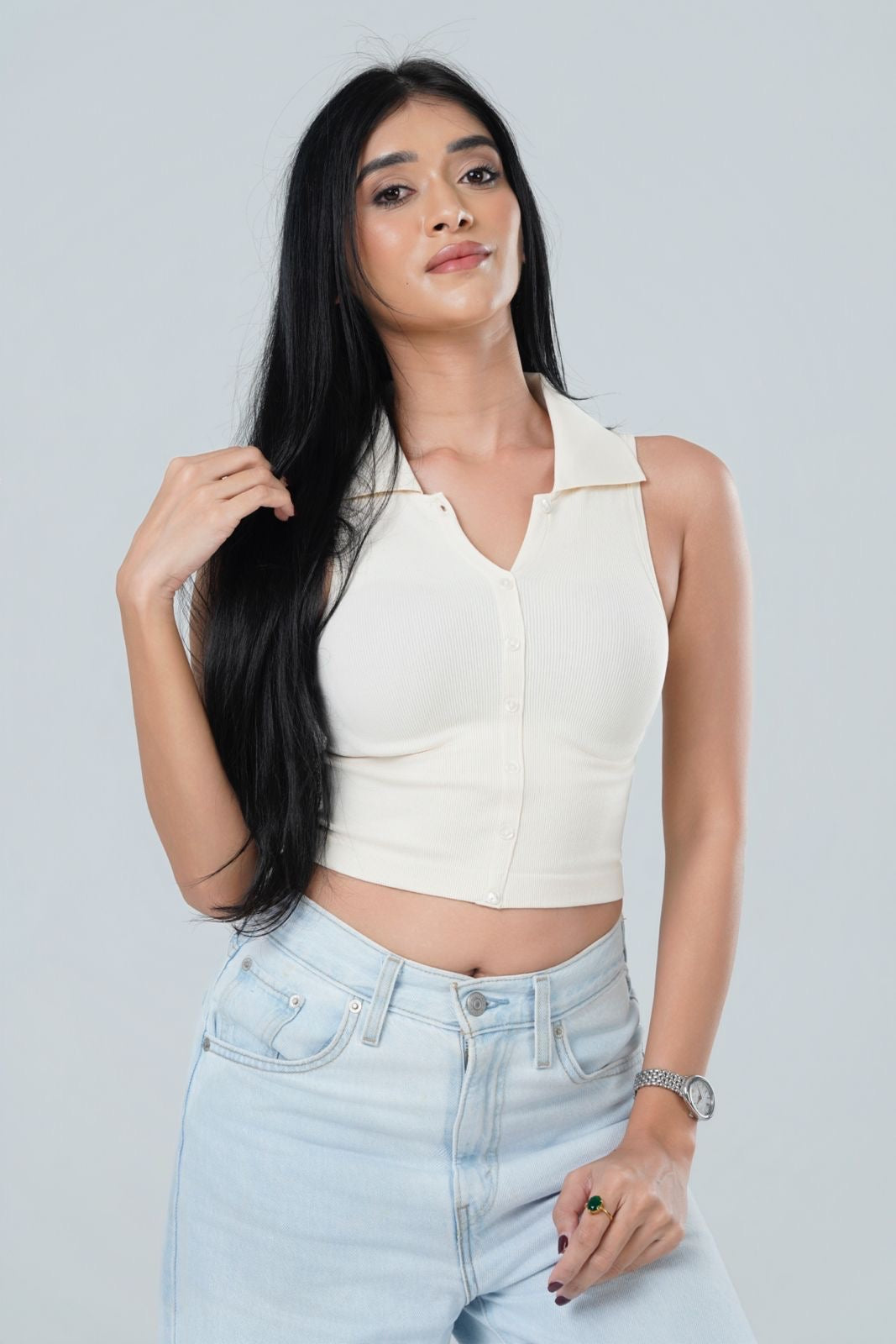 Ribbed Collared Button Down Tank