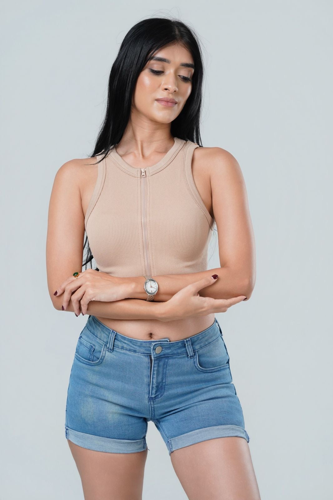 Maya Seamless Zip-Front Ribbed Crop Top