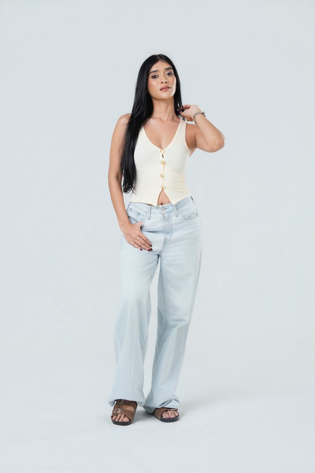 V-Neck Textured Button-Front Tank
