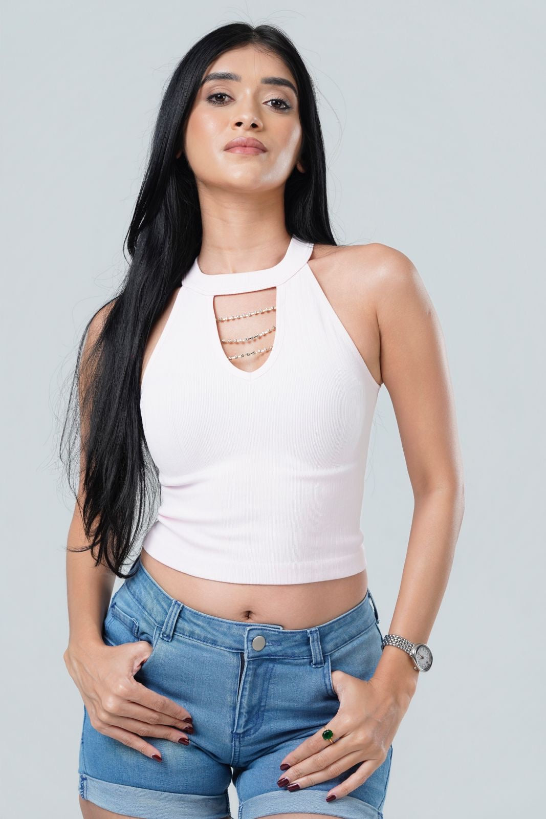 Rhinestone Chain Halter Crop Top