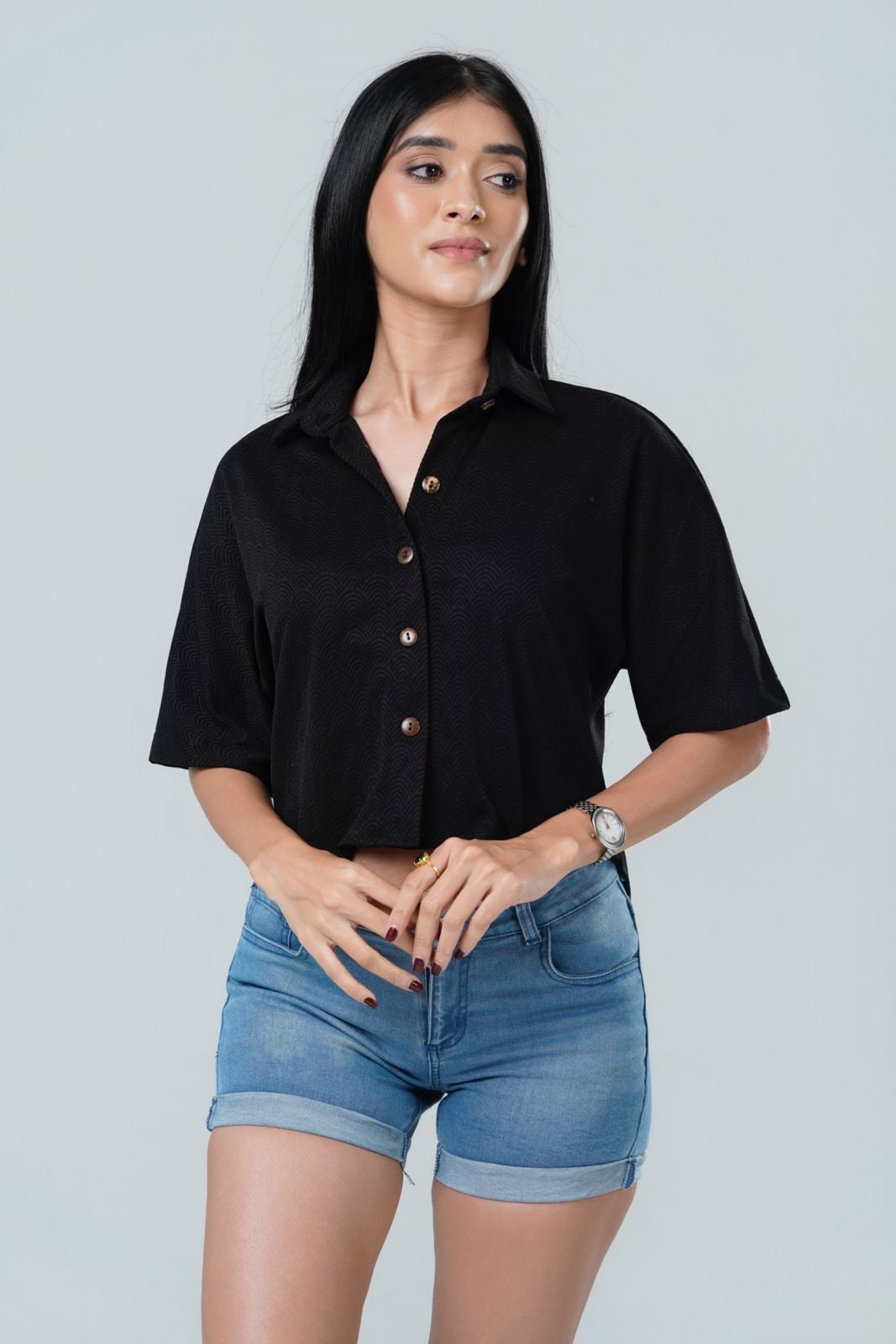 Textured Short Sleeve Cropped Shirt