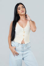 V-Neck Textured Button-Front Tank