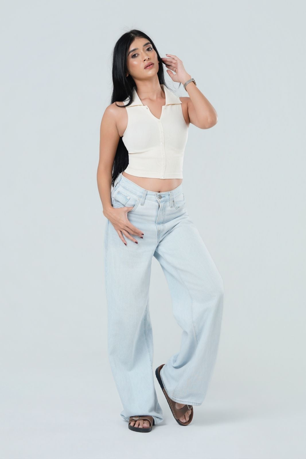 Ribbed Collared Button Down Tank