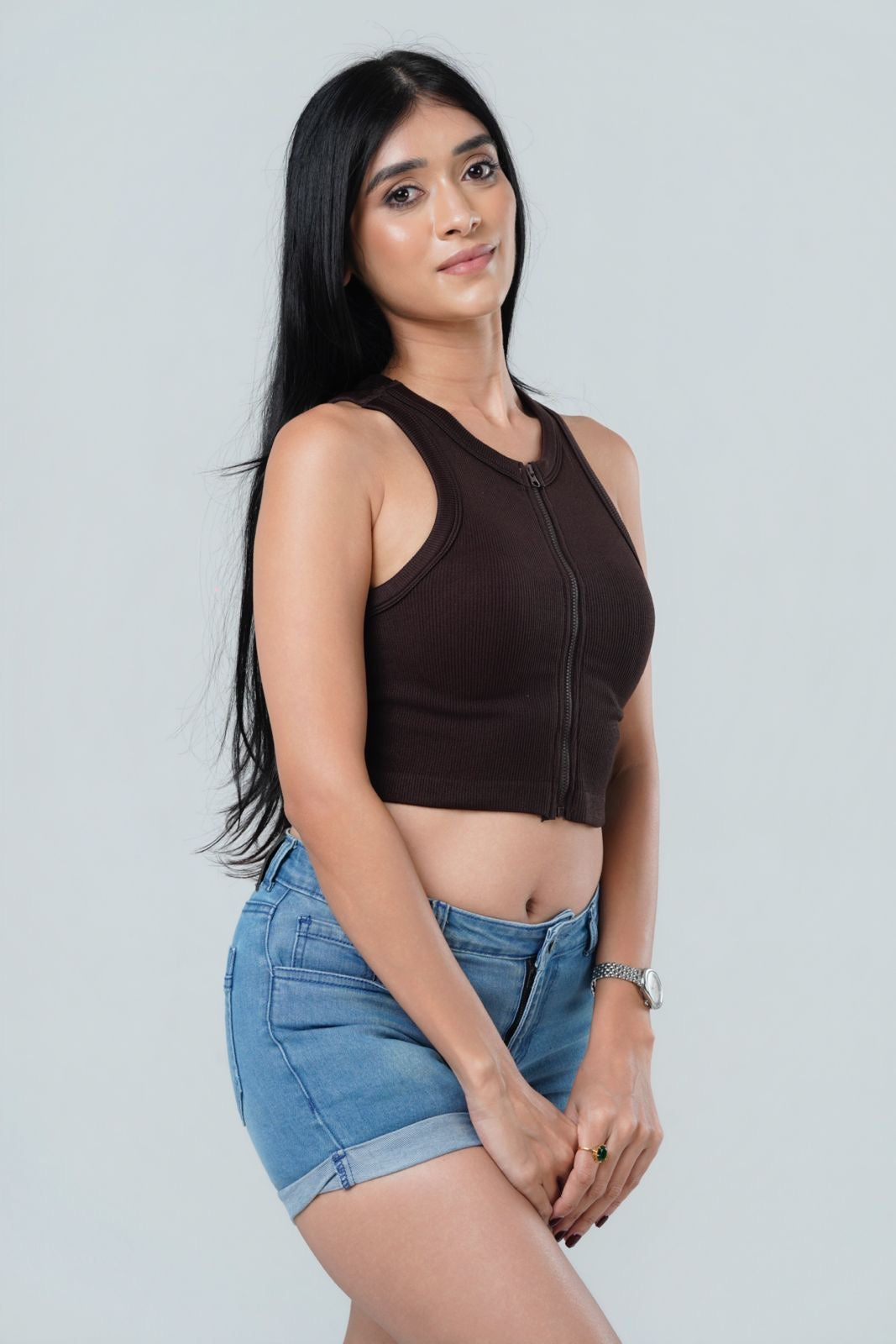 Maya Seamless Zip-Front Ribbed Crop Top