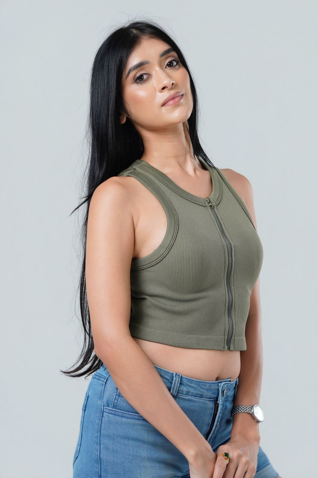 Maya Seamless Zip-Front Ribbed Crop Top