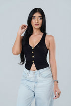 V-Neck Textured Button-Front Tank