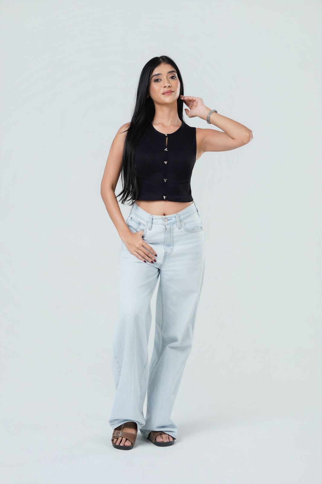 Metallic Clasp Ribbed Top