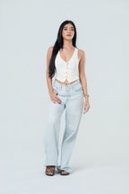 V-Neck Textured Button-Front Tank