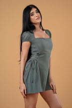 Side Lace Up Puff Sleeve Mini Dress
