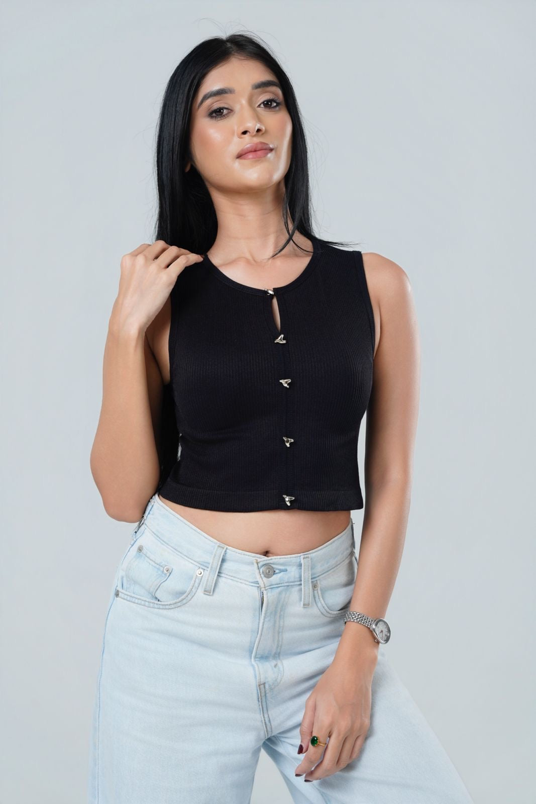 Metallic Clasp Ribbed Top
