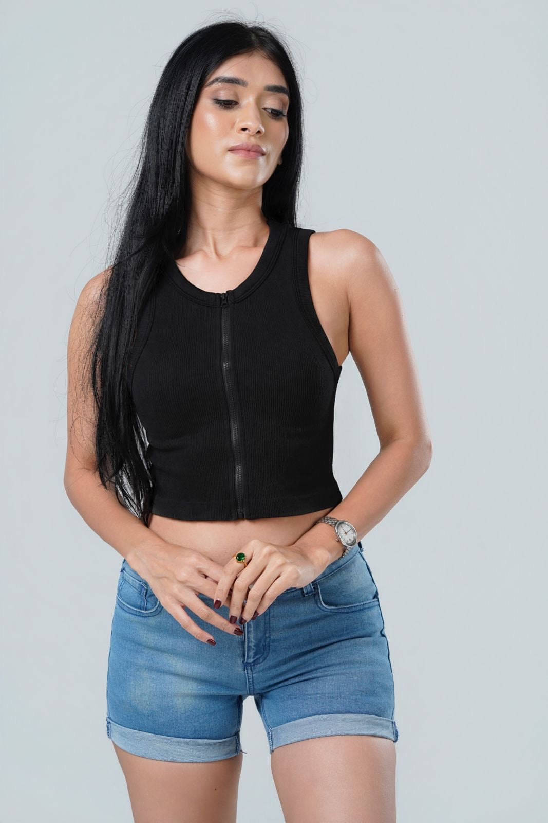Maya Seamless Zip-Front Ribbed Crop Top